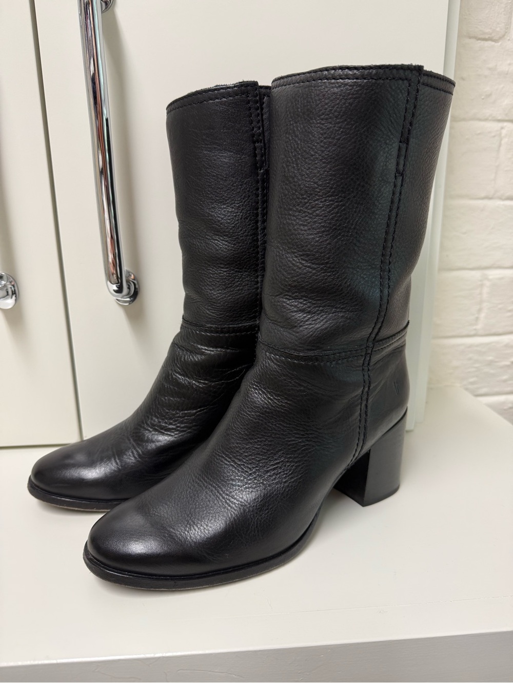 Frye Black Leather Mid-Calf Block Heel Boots